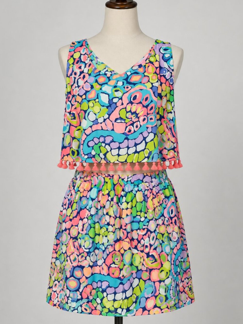 Lilly Pulitzer Tank‎ Skirt Set 10 Multicolor Tassel Hem Chiffon 2 Piece Brinley